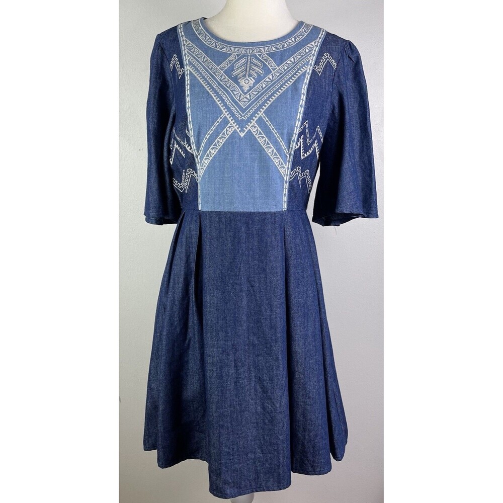 Flying Tomato Chambray A Line Dress Embroidered M Western Boho Country Prairie
